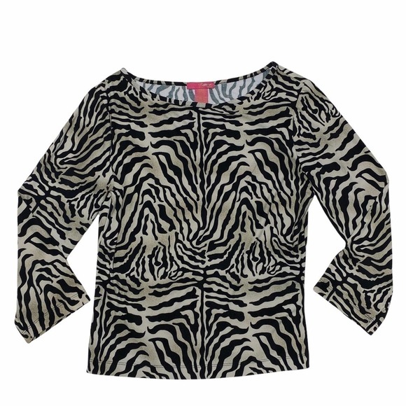 BLACK Tan Zebra Print Long Sleeve Boat Neck Top - Picture 5 of 11